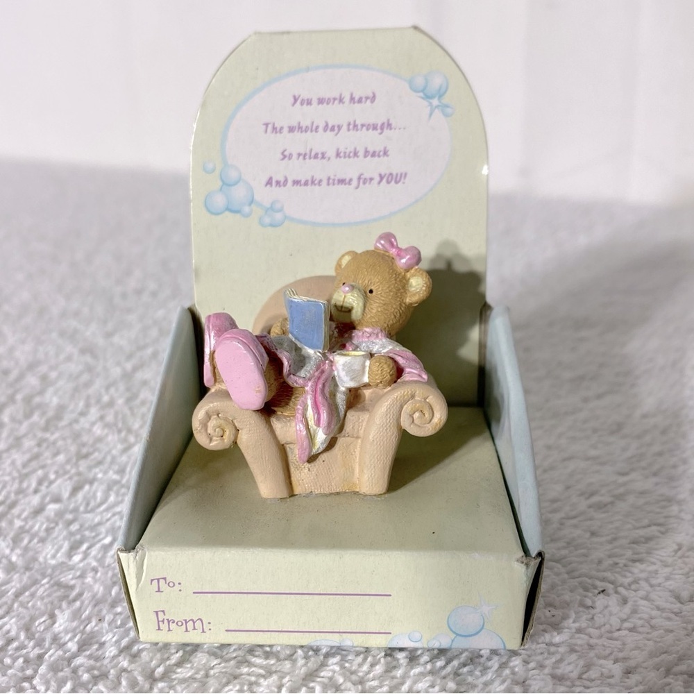 5/$35 Vintage Pamper Me Relaxing Reading Bear Figurine Collectible